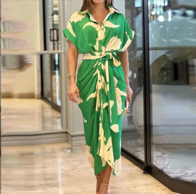 2023 Summer European and American Women's Printed Polo Neck Short Sleeve High Waist Long Shirt Dress
