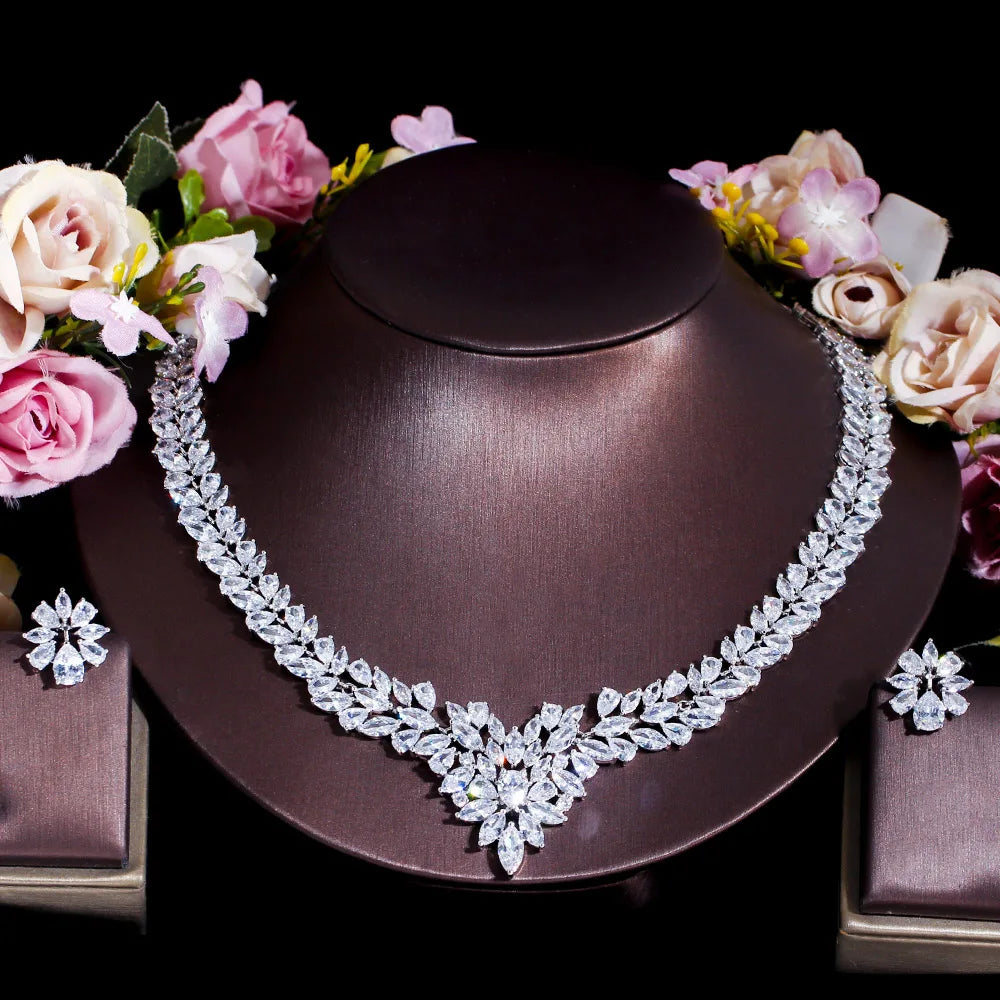 5 Colors Sparkling White Cubic Zirconia Female Wedding Big Necklace and Earrings Set for Women Bridal Luxury Jewelry Accessories