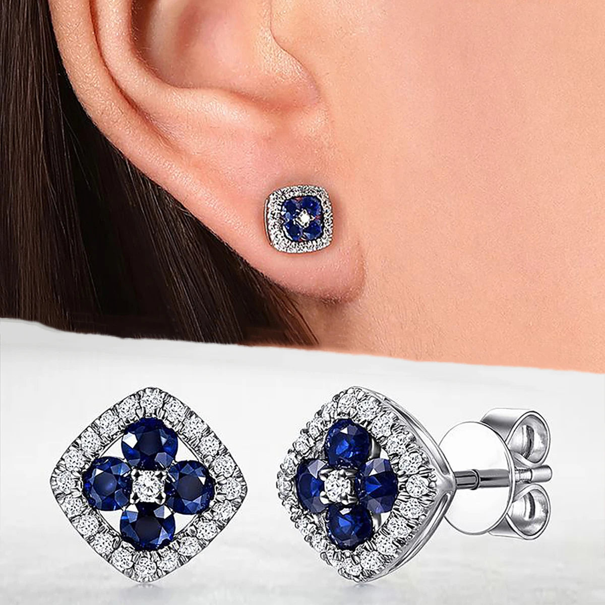 Huitan OEM Delicate Geometry Sparkling White/Blue 3A Zircon Earrings Silver Plated Wedding Engagement CZ Stud Earring for Women