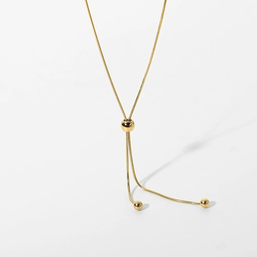 INS Popular Jewelry Waterproof 14K Gold Plated Stainless Steel Round Snake Chain Beads Y Shape Beaded Necklace for Women