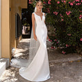 13031#Simple Deep V-Neck Elegant Mermaid Sleeveless Open Backless Wedding Dress Soft Satin Sexy Ruched Sweep Train Bridal Gown