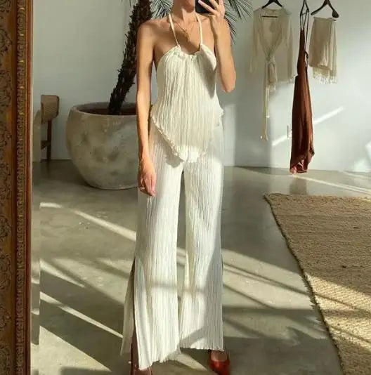 Enyami Female Summer Vacation Plisse Suits Sexy Halter Backless Tank Top Woman 2 Piece Co Ords Pleated Wide Leg Pants Sets