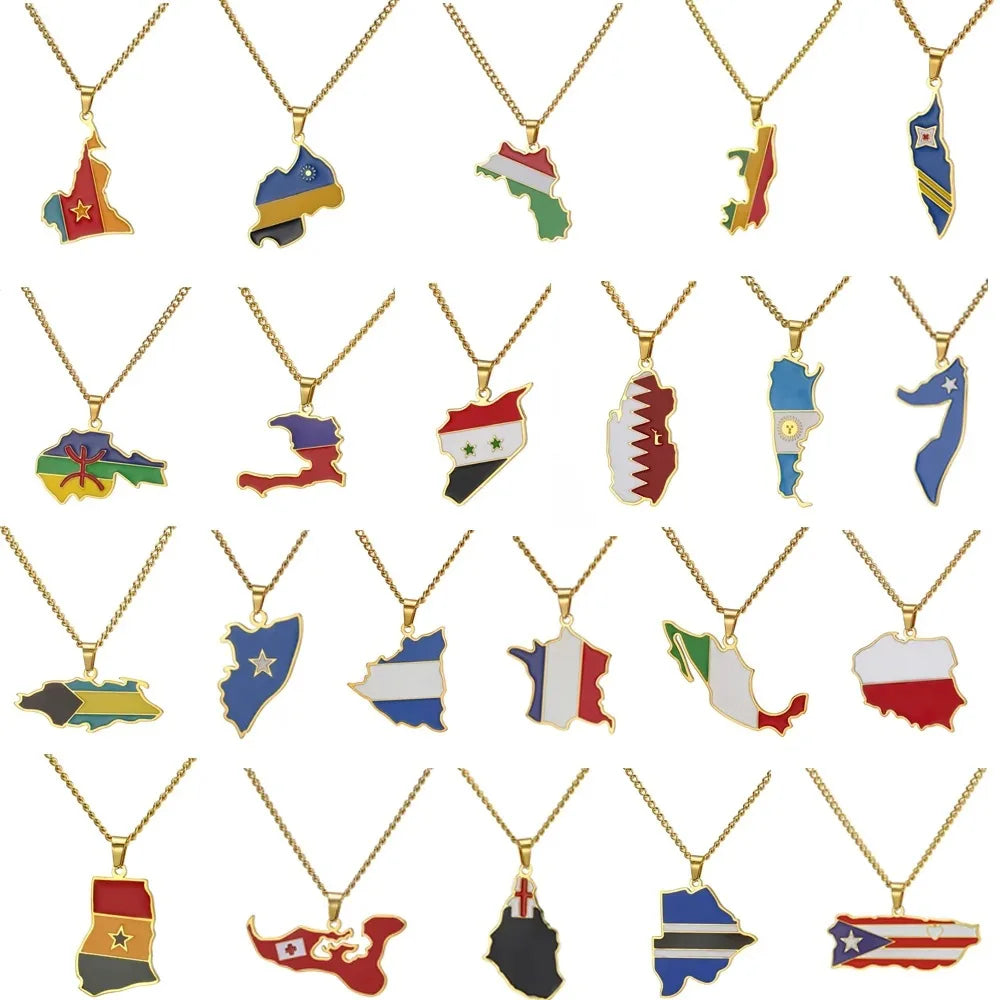 Factory World Countries Map Flag Charm Chain Necklace Stainless Steel Silver 18K Gold Plated National Flag Pendant Necklace
