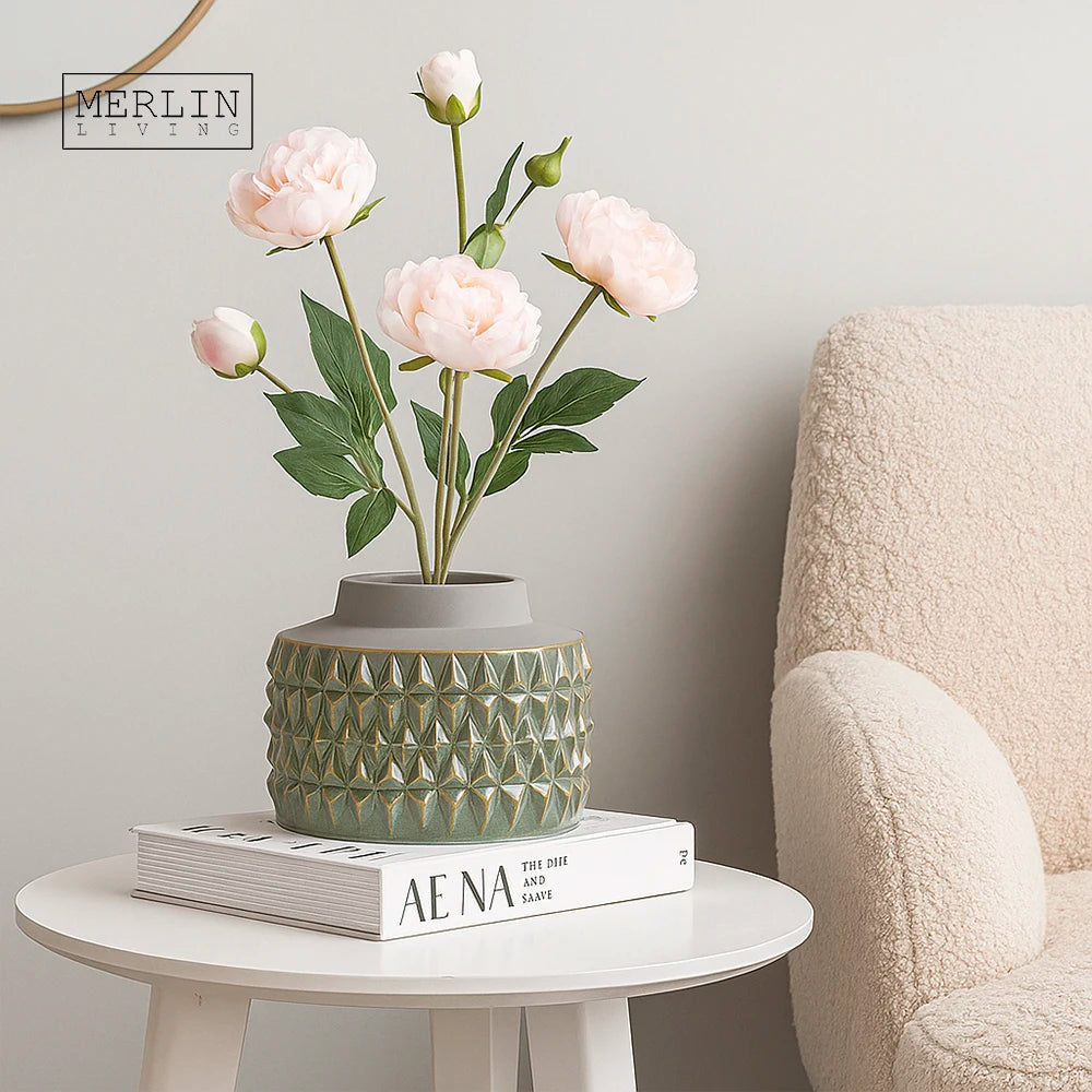 Merlin Living Cylinder Vases Novelty Creative Green Round Glaze Antique Jarrones Desktop Ornament Ceramic Decor for Flower Vase