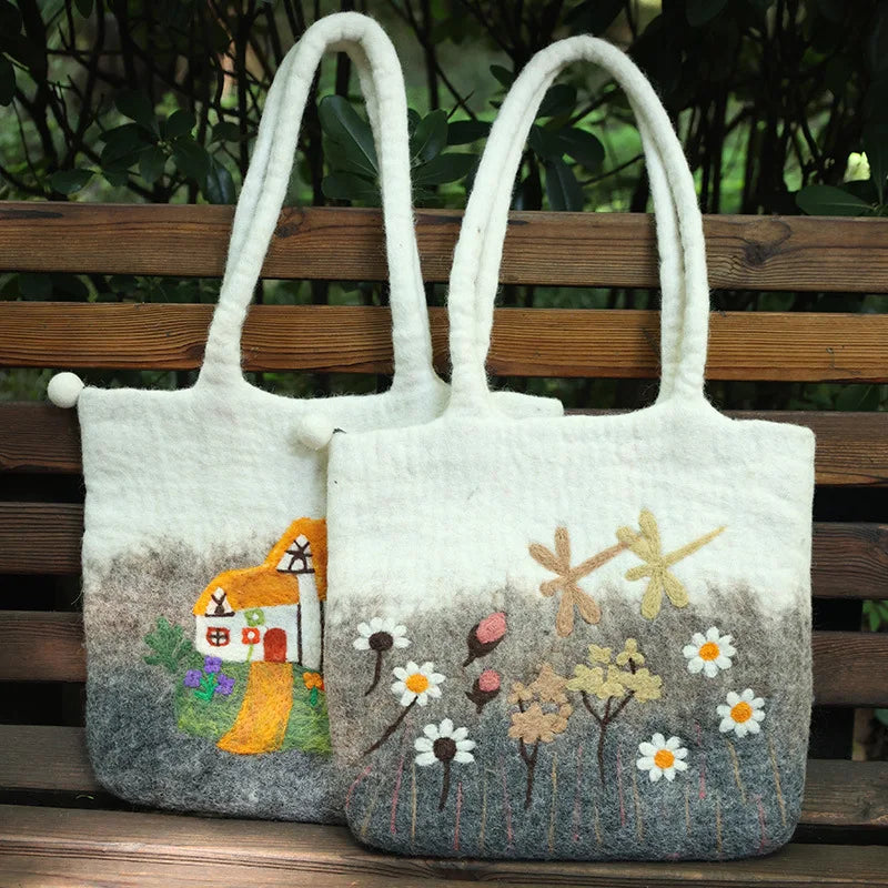 Ins Style Wool Natural Tone Needle Flower Handbag Tablet Bag Tote Bag Fashion Clothing Accessories