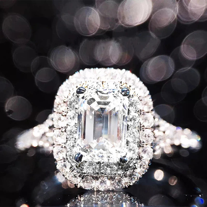 Huitan Classic Double Layer Cross Rings Lady Girls Radiant Cut Pure Zircon Rings Beautiful Full Gems Silver Luxury Wedding Rings