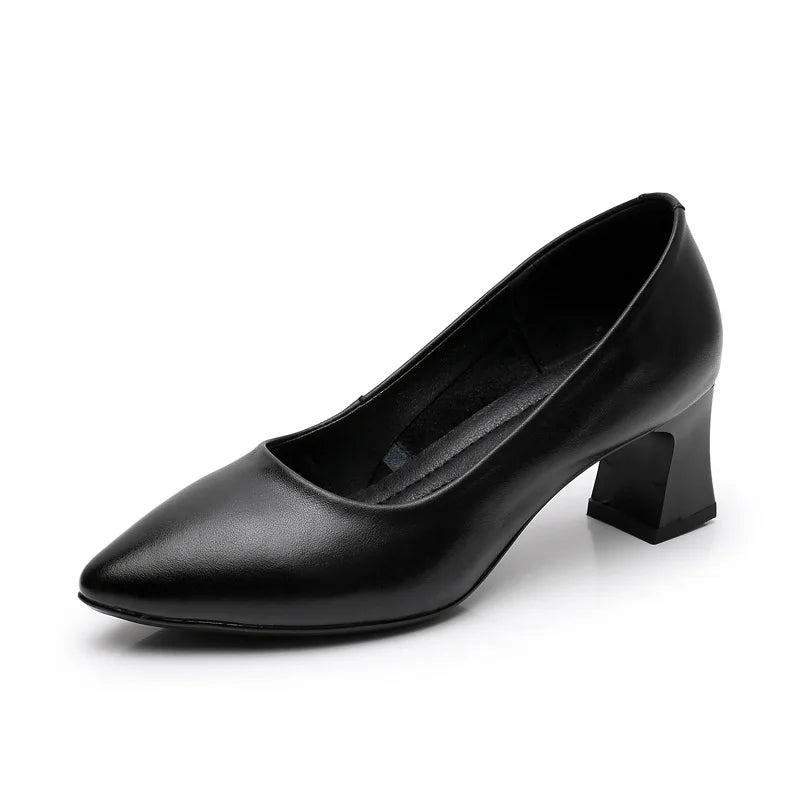 Hot-selling Genuine Leather Solid Matte Black Stewardess Bank Hotel Clerk Work Ladies Shoes