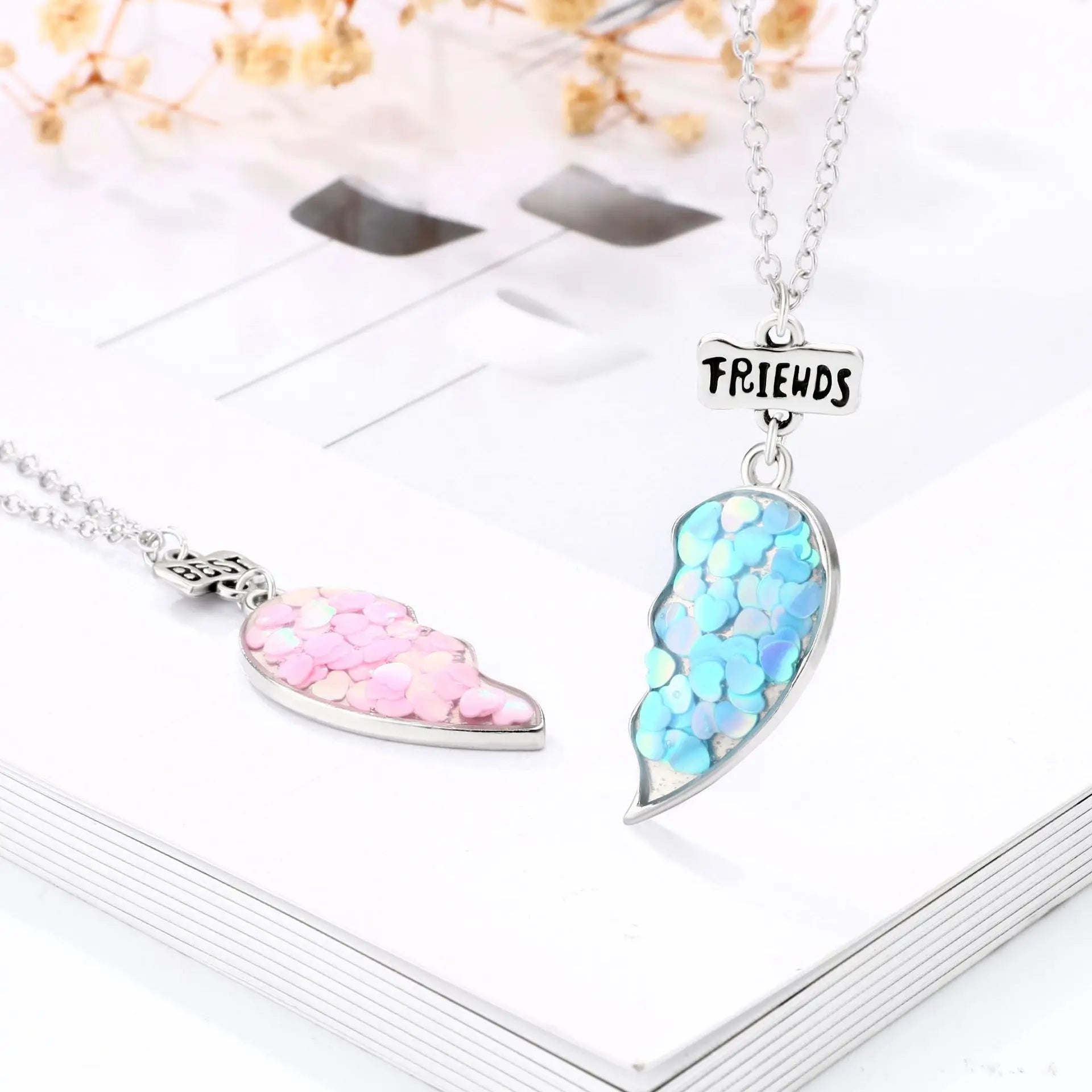 Lovely BFF Necklaces for 2 Split Heart Best Friend Forever Pink and Blue Pendant Friendship Necklace Kids Best Friend Necklaces