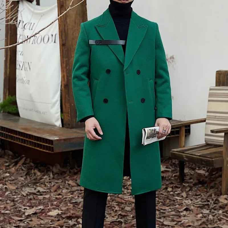 Autumn Winter Men's Elegant Mid-Length Wool Coat Jacket British Retro Korean Style Solid Color  Fur Lining Long