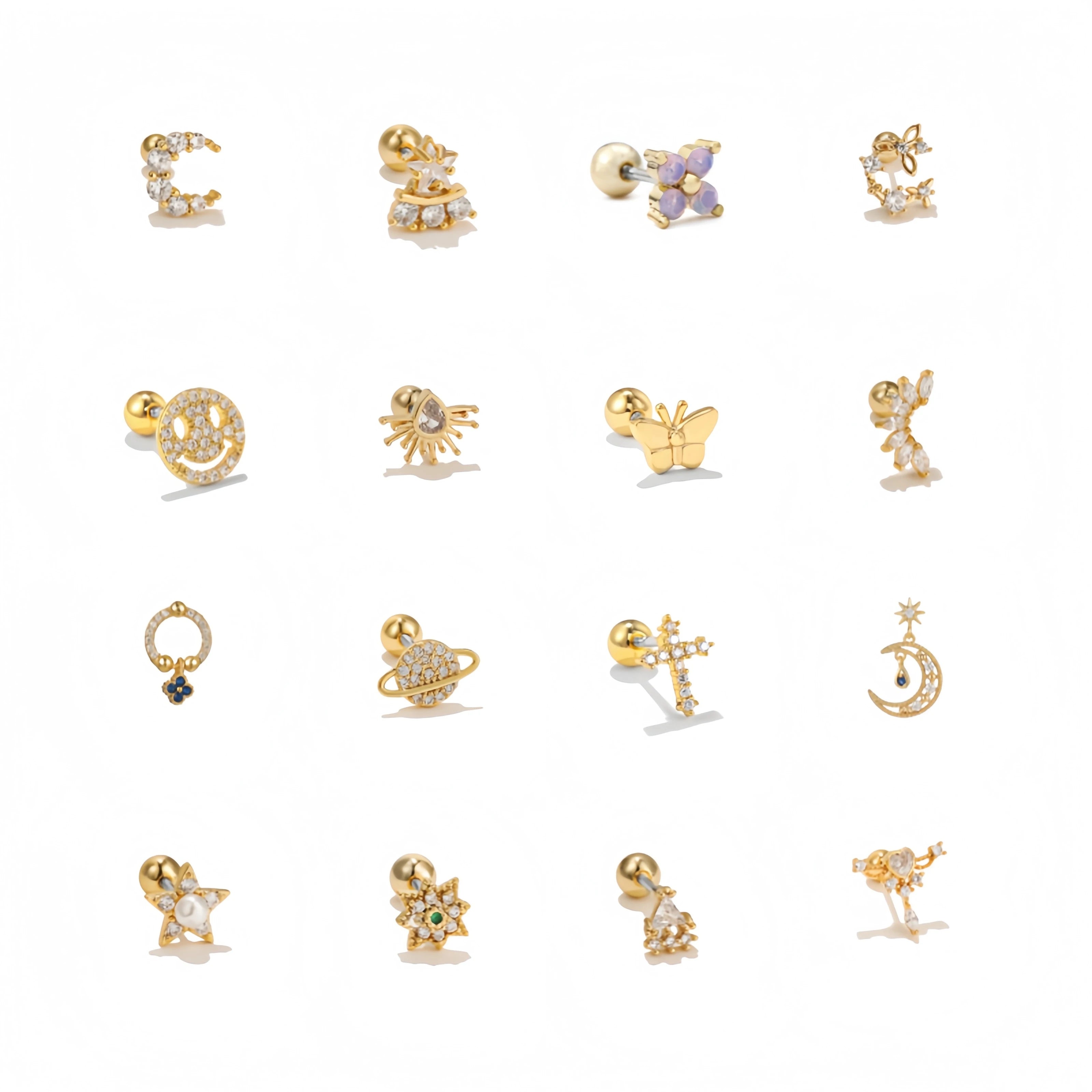 ZUOLA Trendy Piercing Jewelry Hypoallergenic Titanium Gold Plated Moon Star Shaped Zircon Cartilage Stud Earrings Daily Wear