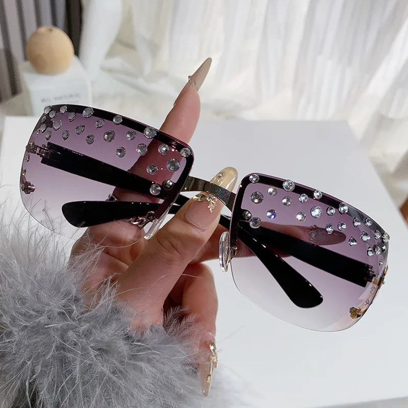 Luxury Designer Diamond Decorative Rimless Women Rectangle Glasses Oversize Gradient Female Metal Frame Bling Sunglasses