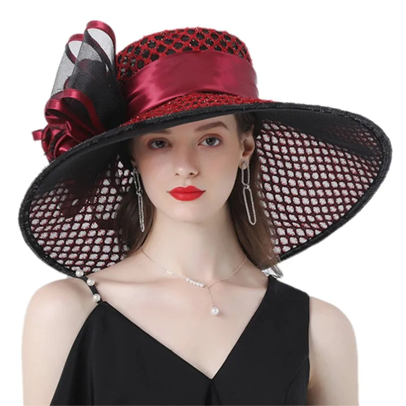 Fashion Women Sun Hat 16cm Mesh long Wide Brim Kentucky Derby Organza Ladies Satin Ribbon luxury Church Hats with Big Flower