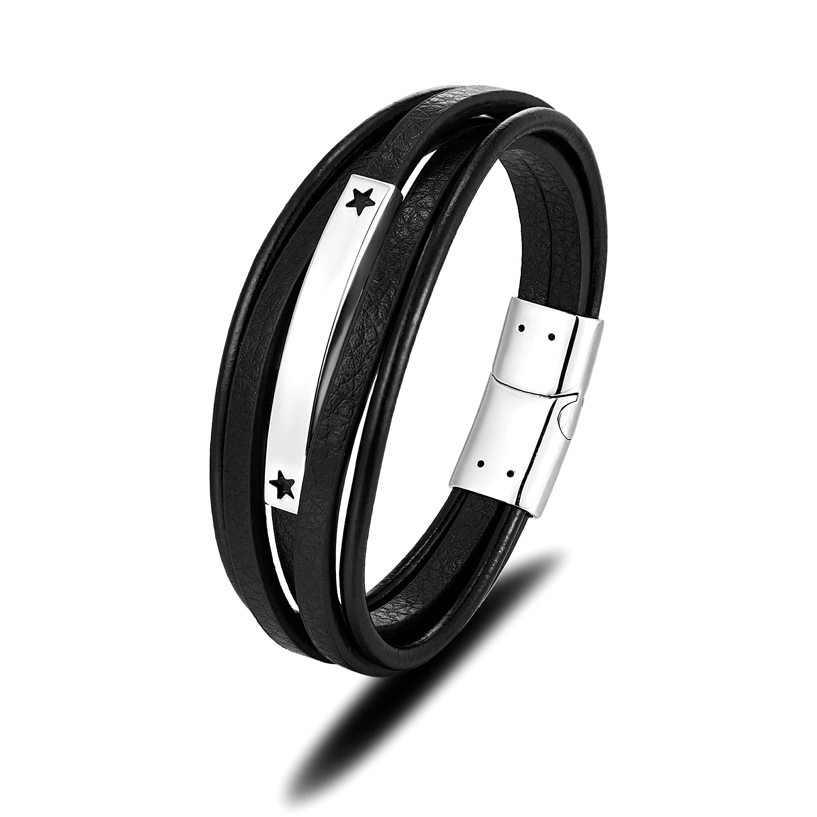 Fashion Genuine Leather Bracelets Men Jewelry Silver Stainless Steel Braided Black Leather Bracelets for Man