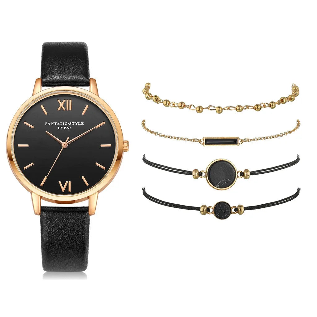 Fashion Black White Brown Red Blue Pink Colorful Leather Watchband Turquoise Bracelet Quartz Watch Set for Women Men