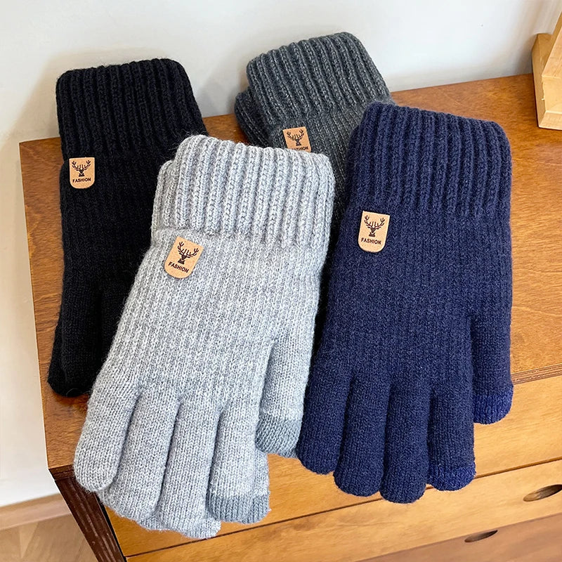Landfond Accessory Winter Fashion Men's Solid Color Knitted Gloves Thick and Fleece Outdoor Warm Gloves