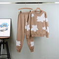 Floral Jacquard Leaf Beaded Knitted Top and Sports Sweater Two-Piece Set Feminine Casual O-Neck for Women