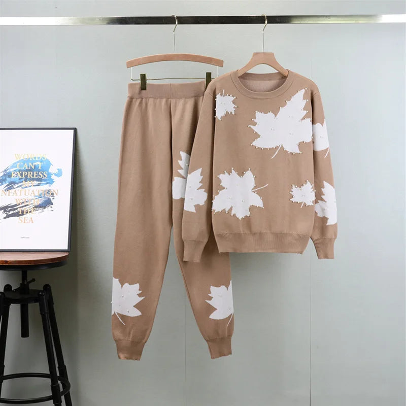 Floral Jacquard Leaf Beaded Knitted Top and Sports Sweater Two-Piece Set Feminine Casual O-Neck for Women