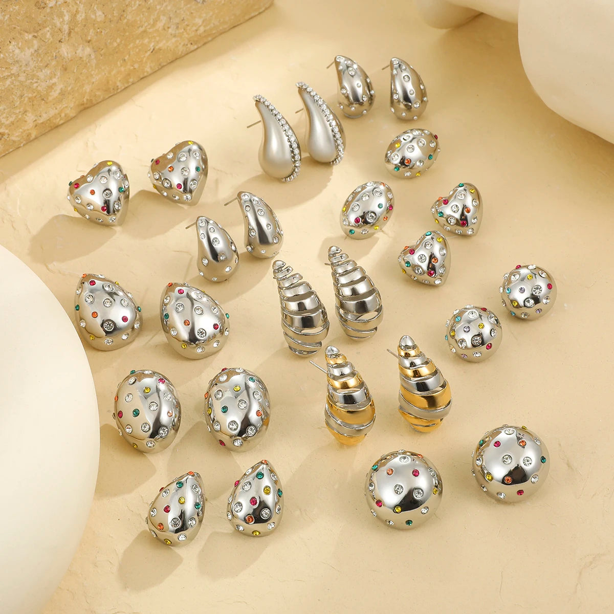 New Trendy  Waterproof  316  Stainless Steel with Zircon  Heart Waterdrop Shaped Earring Ring Set Collection