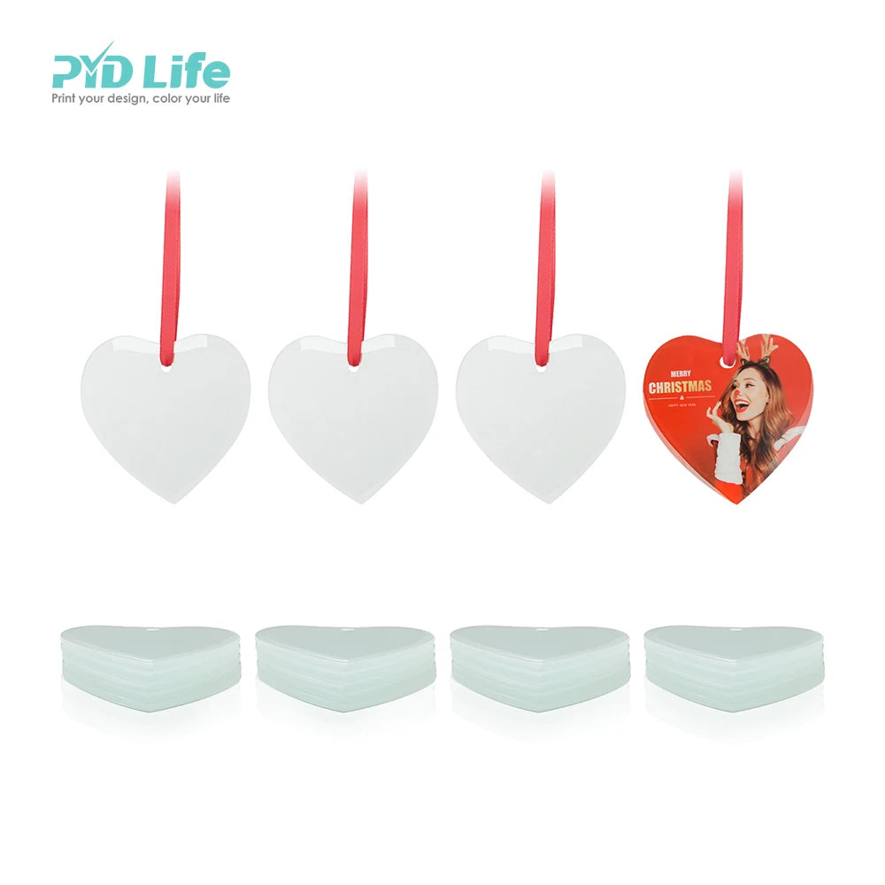 PYD Life Wholesale Custom Sublimation Heart Shape Blanks Christmas Ornament with Red Ribbon