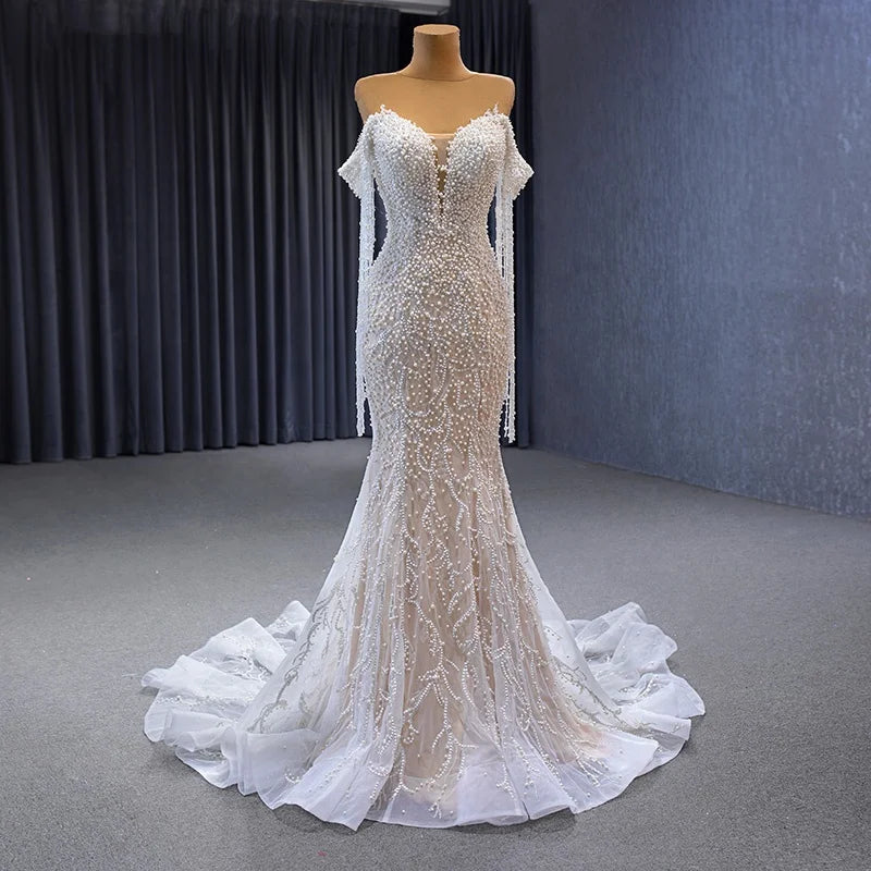 Jancember 222173 Lvory Crystals Off the Shoulder Full Sleeves Beading Wedding Dress Mermaids