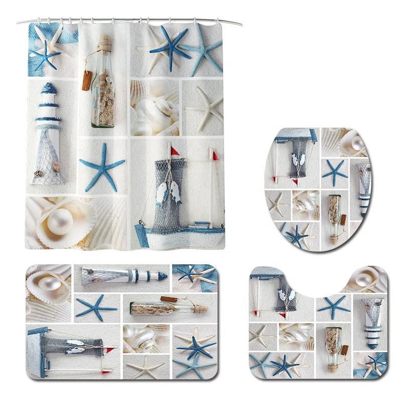 Nautical Waterproof Shower Curtain Sets with Non-Slip Rugs Toilet Lid Cover and Bath Mat Marine Sail Curtain With 12 Hooks