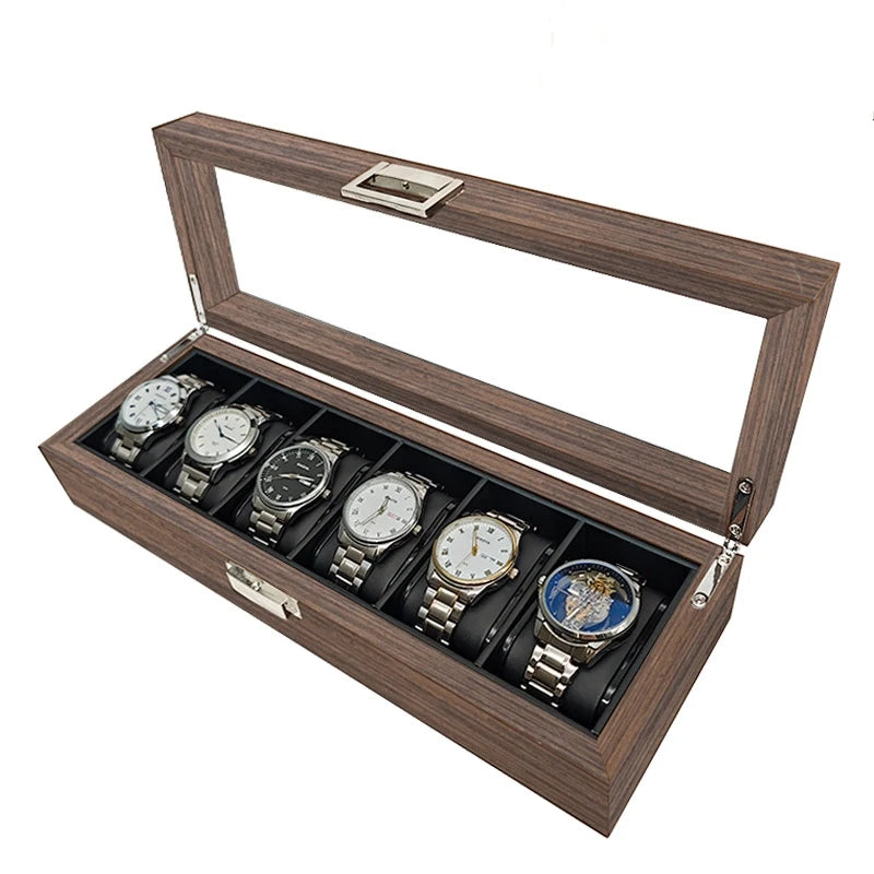 6 Slot Luxury Wood Watch Box Organizer New Light Style Shock Resistant Walnut Color Black Red PU Leather Interior Watches