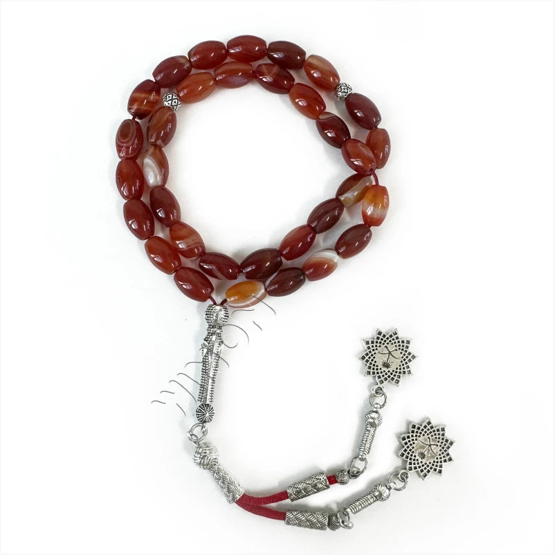 Winon Natural Red Striped Agate Islamic Religious Prayer Beads 8x12mm 33pcs Silver Plated Unisex Muslim Rosary Dhikr