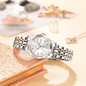 Most Popular Rose Gold Oversized Diamond Scale Display Dual Calendars Couple Watch for Women Charm