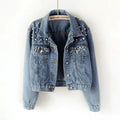 Hot Selling Women's Long Sleeve Denim Jacket Breathable Loose Crop Top with Pearl and Print Washed Fashion Jean Coat