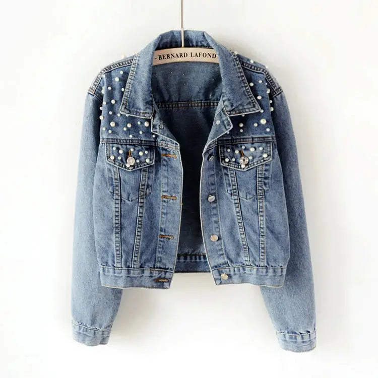 Hot Selling Women's Long Sleeve Denim Jacket Breathable Loose Crop Top with Pearl and Print Washed Fashion Jean Coat