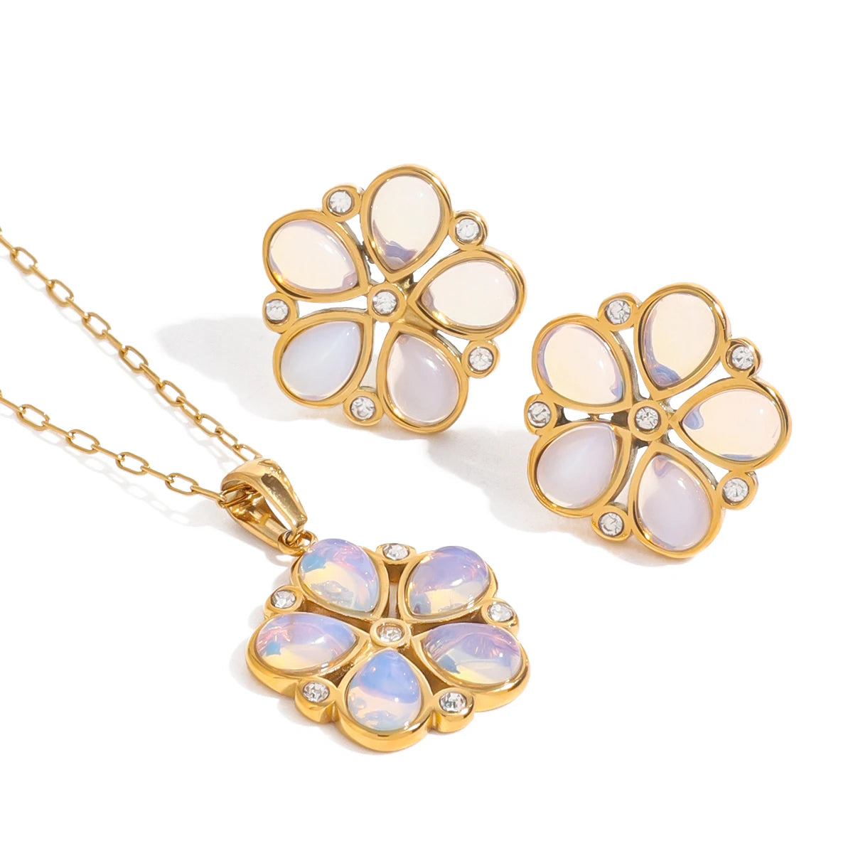 J&D 18k Gold Stainless Steel Opal Flower Earrings Necklace 42+5cm Fashion Transparent Floral Jewelry