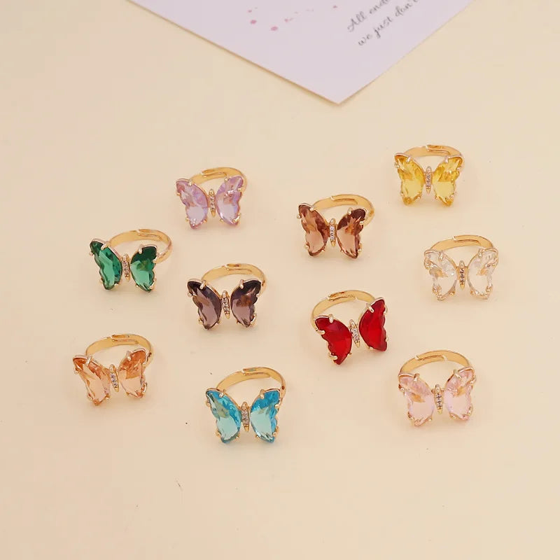 Fashion New Colorful Zicon Butterfly Open Ring Female Adjustable Ring Gold Plated Opal Couple Diamond Ring