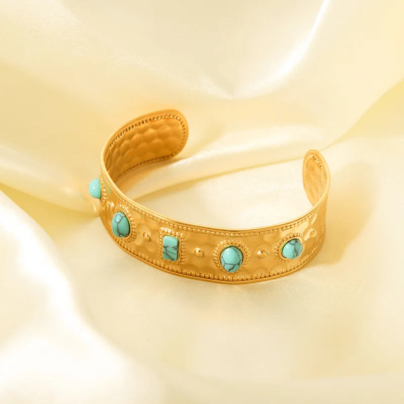 Non Tarnish Stainless Steel Gold Plated Bangle Vintage Chunky Natural Stone Open Cuff Bracelet for Women Pulseras Y Brazaletes