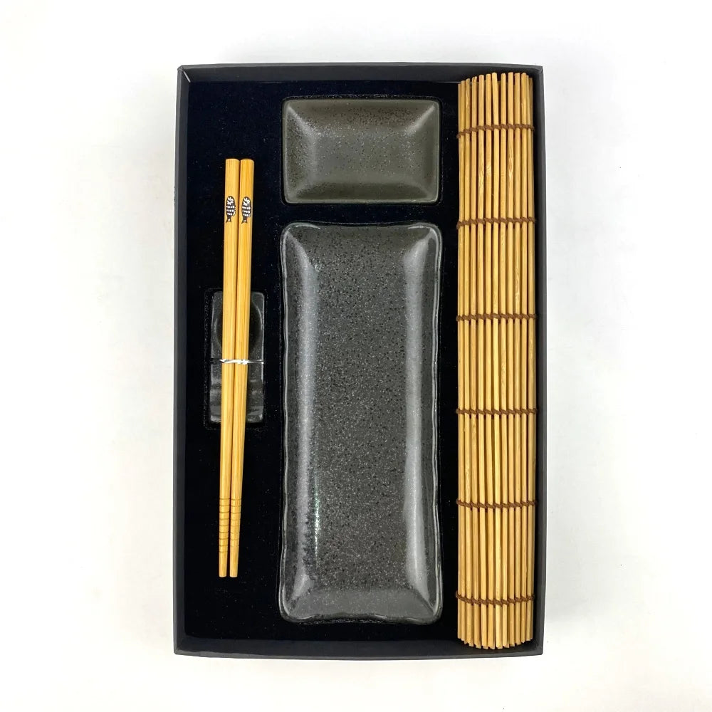 Manufacturer Custom Black Sauce Plate Ceramic Tableware Set Western Restaurant Including Bamboo Mat Chopstick Eco-Friendly