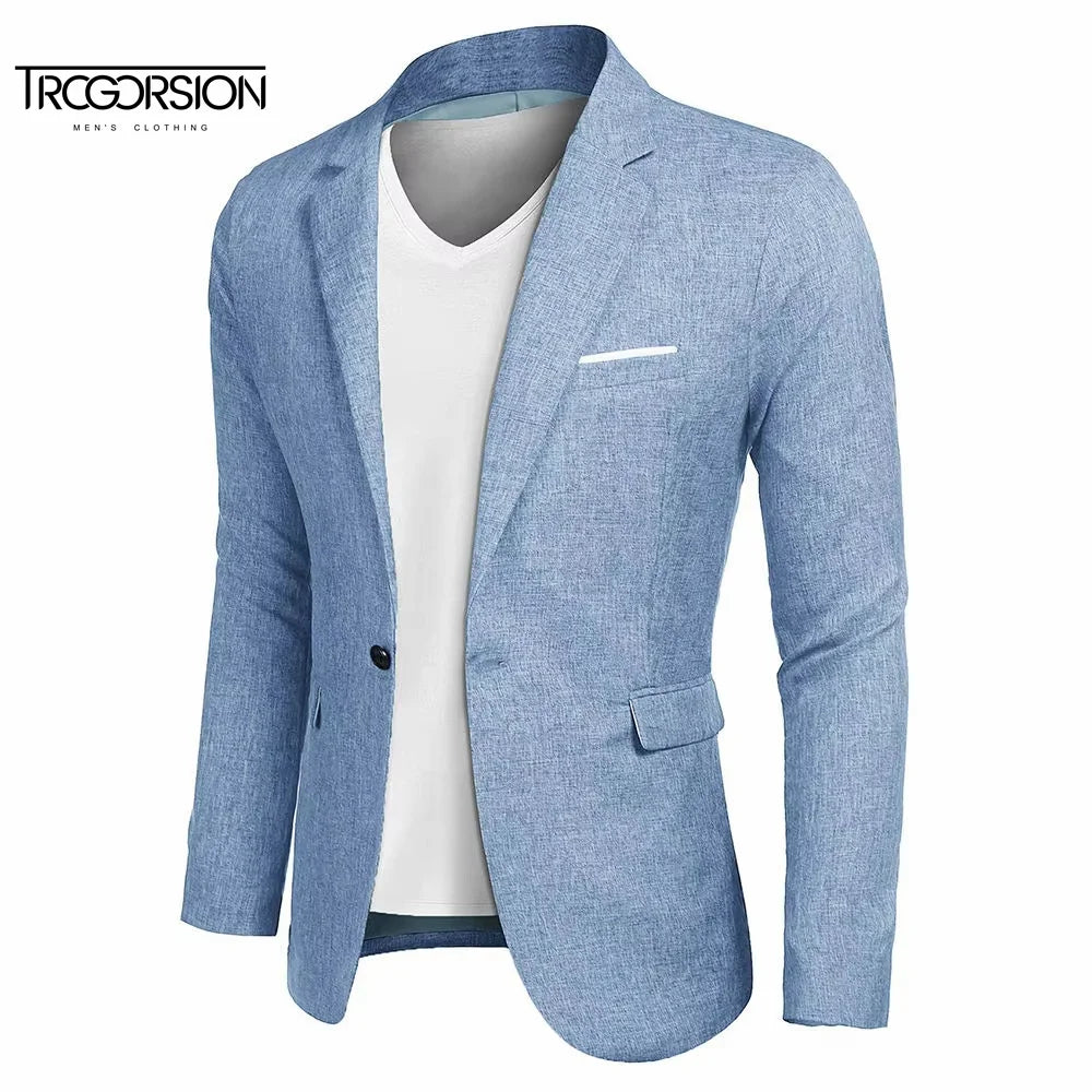 Men's Casual Summer Coat Pants Set Loose Fit Solid Color Stripe Pattern Fashionable Design Woven Cotton Available XL Suit