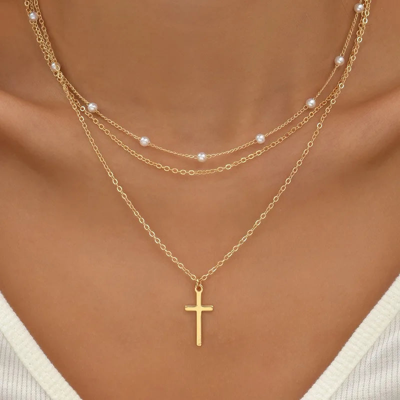 Joker Disc Multi-layered Clavicle Layered Necklace New Choker Necklace Simple Chain Cross Three-layer Pearl Chain Cross Necklace