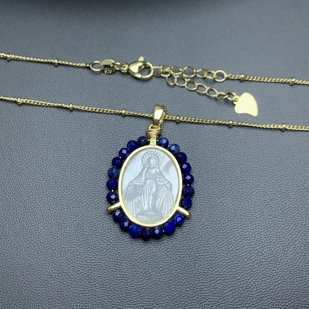 Natural Stone Beads Sea Shell Holy Virgin Mary Necklace Women Black Spinel Lapis Lazuli Medal Pendant Religion Jewelry