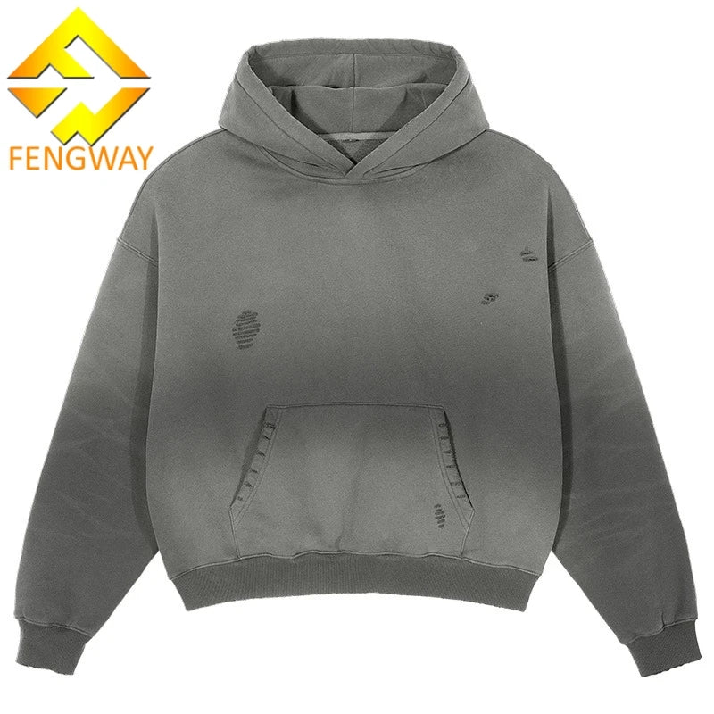 Unisex Acid Wash Sun Faded Distressed Streetwear 400 Gsm Cropped Oversized Boxy Fit Hoodies Sweatshirts for Embroidered Autumn