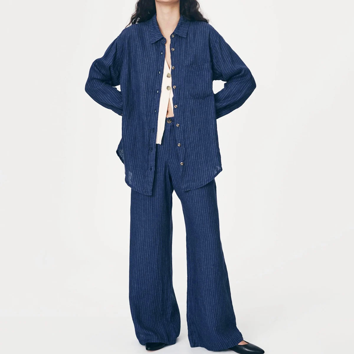 Enyami Boutique Wholesale Summer New Striped Casual Versatile Flip Collar Shirt Loose Long Sleeve Trousers Pants Women's Set