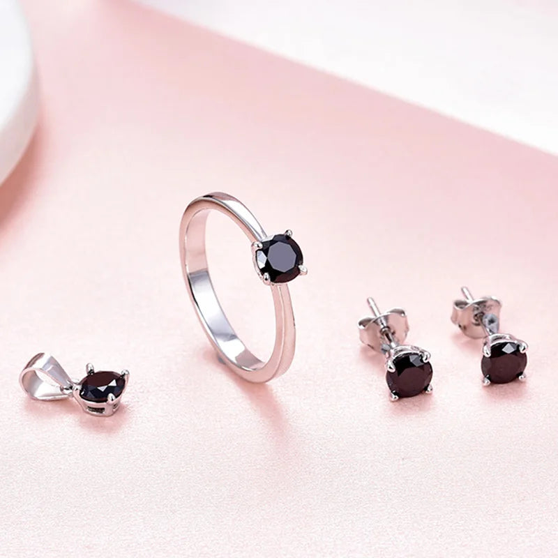 Simple Design 925 Sterling Silver Jewelry Set with AAA Cubic Zirconia Rhodium Plated Black Gemstone for Parties or Gifts