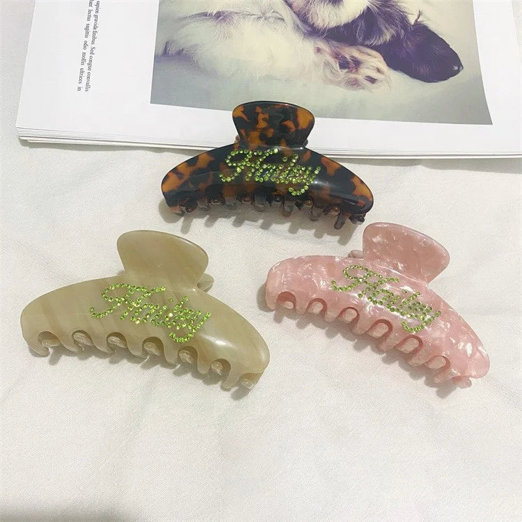 Custom logo Personalized Luxury Big 10cm Thick Bun Hair Crystal Rhinestone Tortoise Stripe Cellulose Acetate Claw Clip for Women