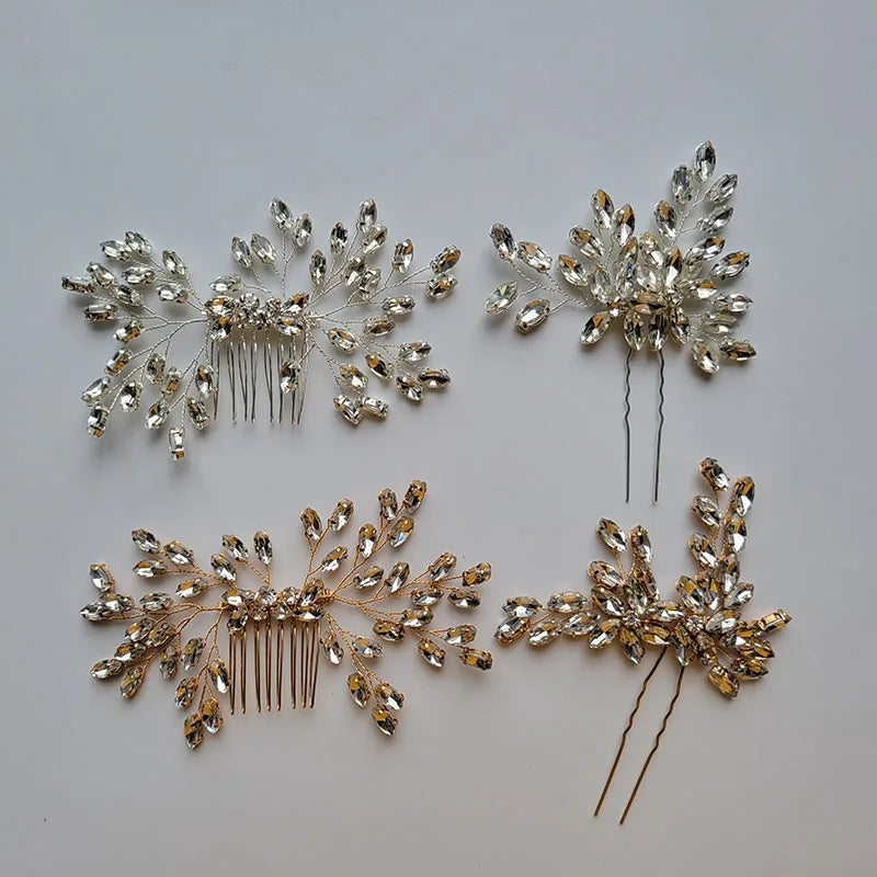 SLBRIDAL Handmade 3 Colors Alloy Clear Rhinestones Crystal Bridal Hair Comb Wedding Headpieces Hair Accessories Women Jewelry