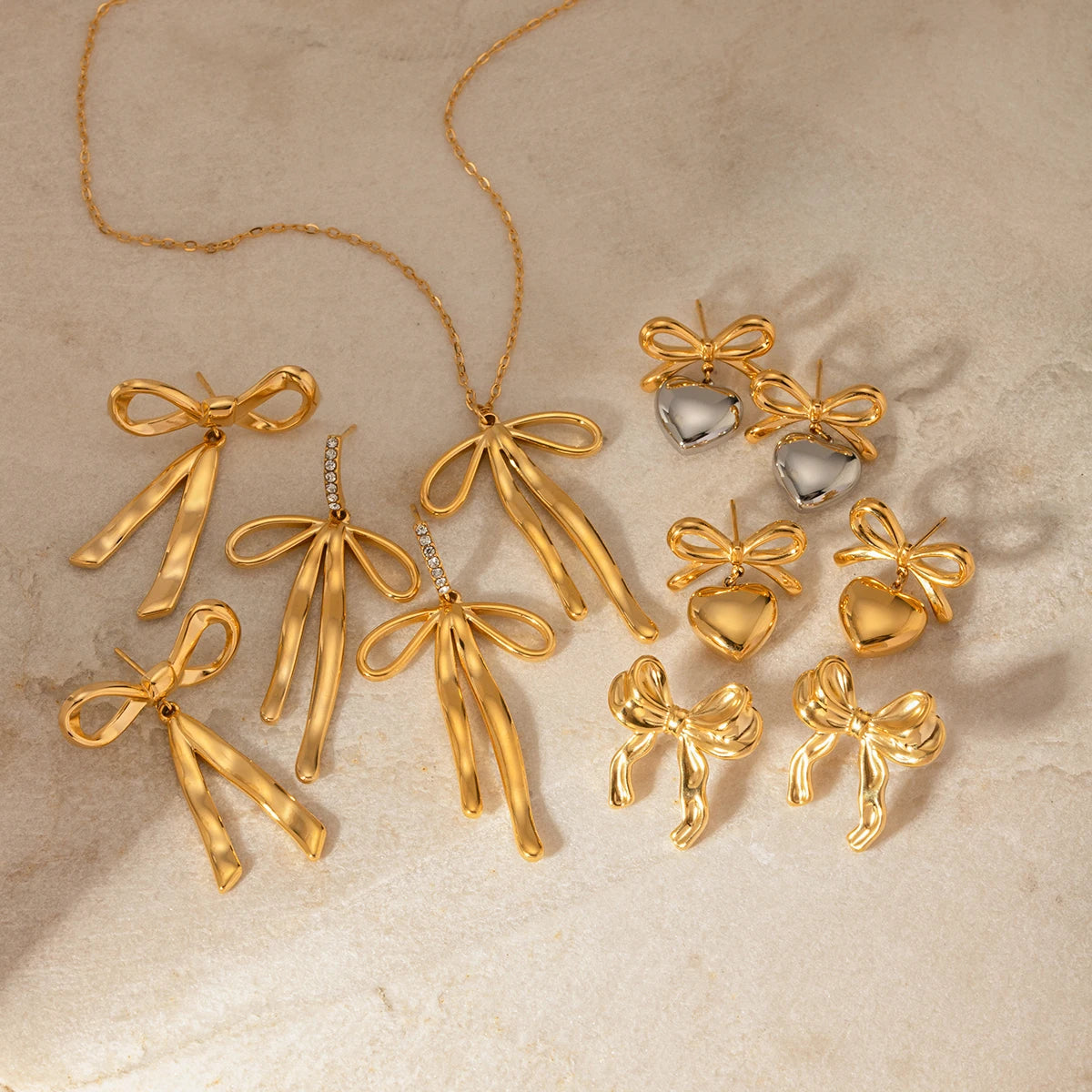 J&D New Trend Bow Design Series Rings Gold Jewelry Stainless Steel Bow Pendant Necklace Stud Earrings Sets