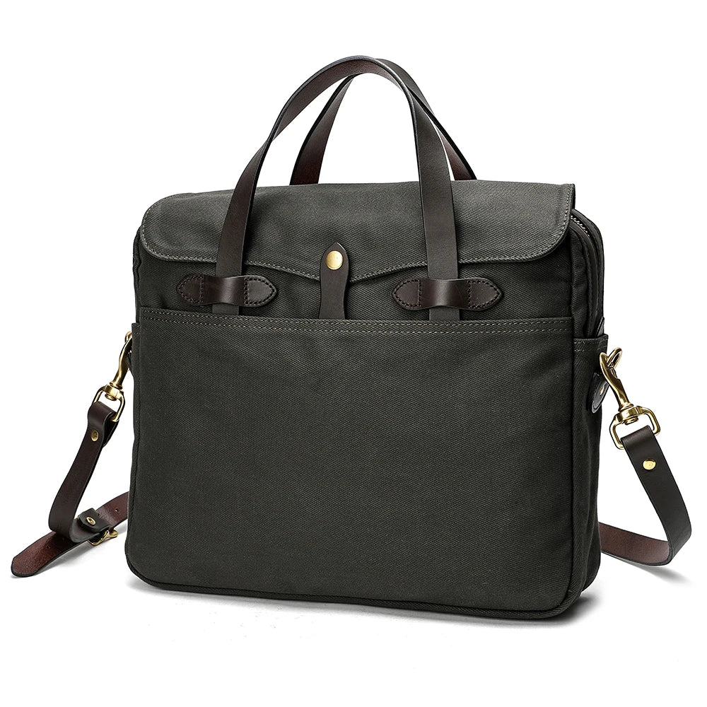 Imported Genuine Leather Laptop Briefcase Satchel Waterproof Waxed Canvas Armygreen Khaki Casual Style Zipper Closure 30-40L