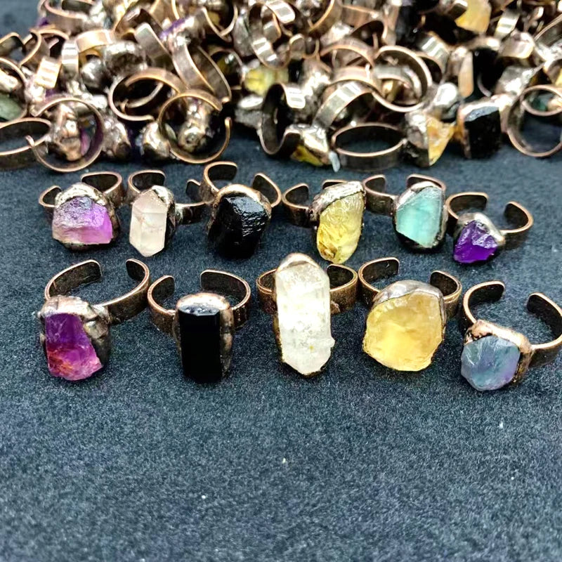 Natural Adjustable Gemstones Crystal Rings Raw Stone Amethyst Rose Quartz Finger Rings for Valentine Gifts