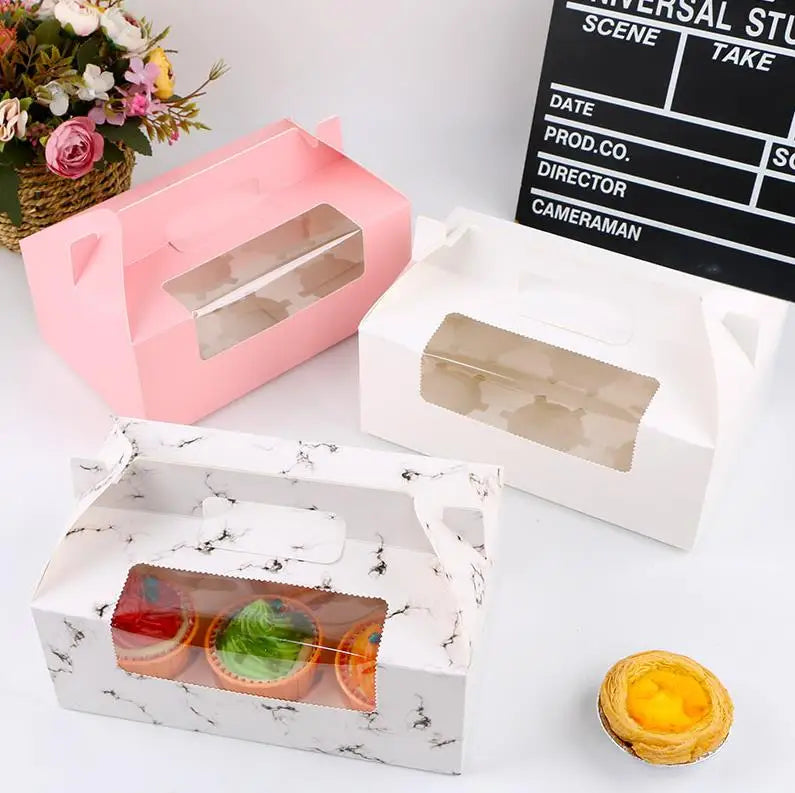 Wholesale Paper Cupcake Takeaway Box with clear PVC Window Handle Cake Dessert Box Candy Packaging Food Take Away Box