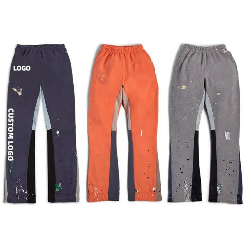 Custom Track Pants Flare Heavyweight Cotton Sweatpants Men Stack Jogger Patchwork Flare Sweat Pants for Men