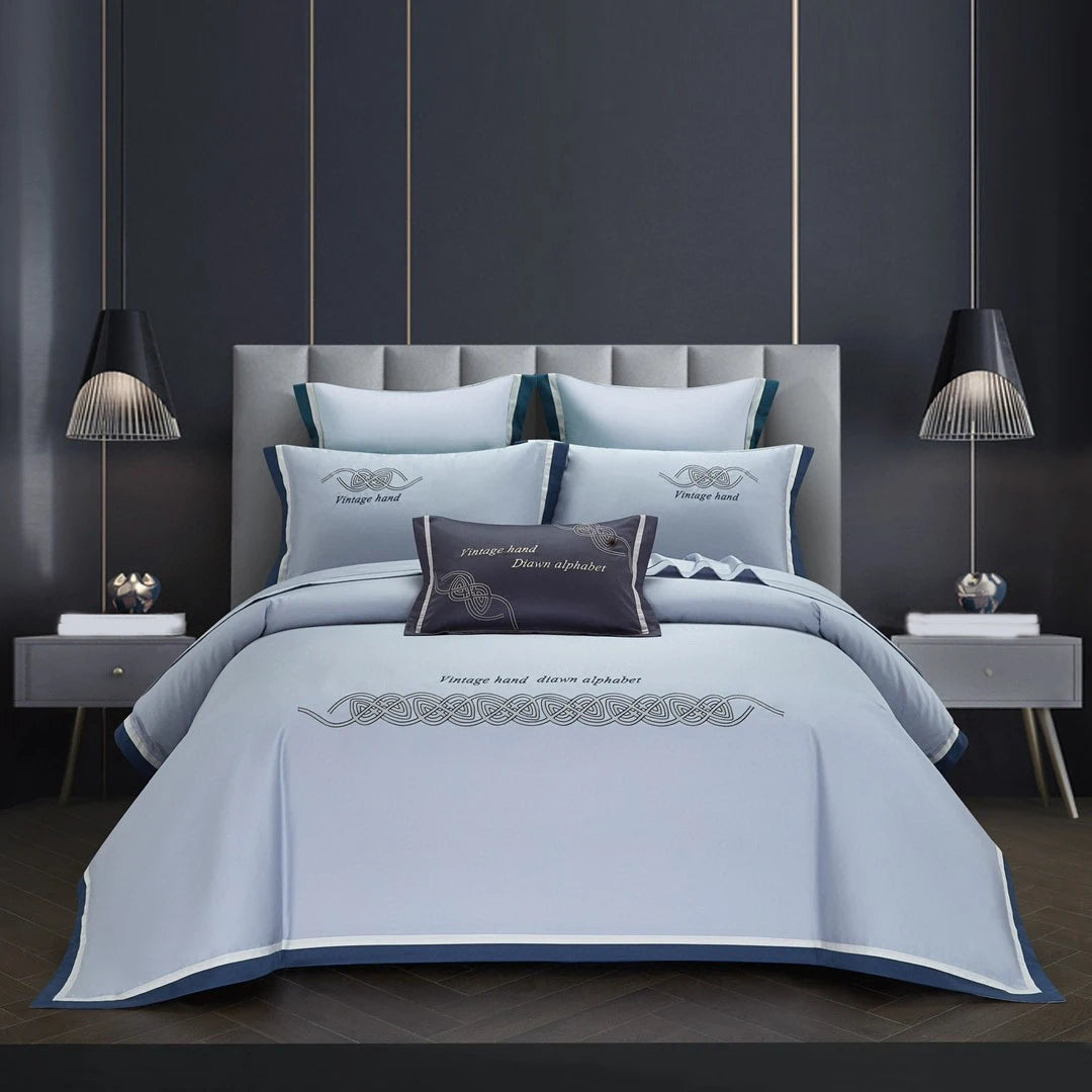 100% Cotton Cozy Blue Embroidery 300tc Duvet Cover King Size Pillow Cases Home Textile Bedding Set