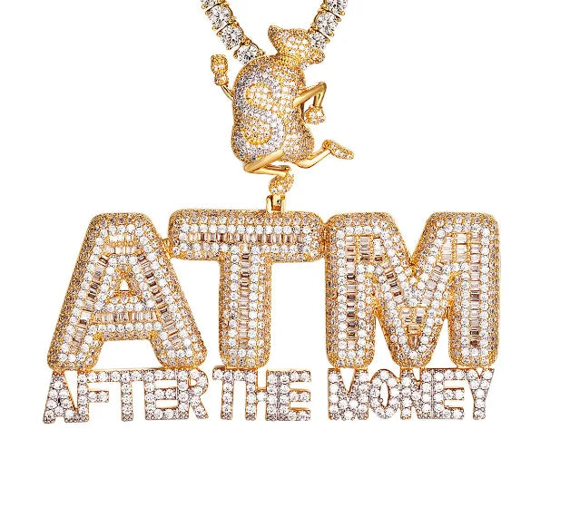 DUYIZHAO Hip Hop Jewelry After the Money ATM Money Dollar Bag Icy Initial Alphabet Letter Pendant With 20inches Tennis Chain