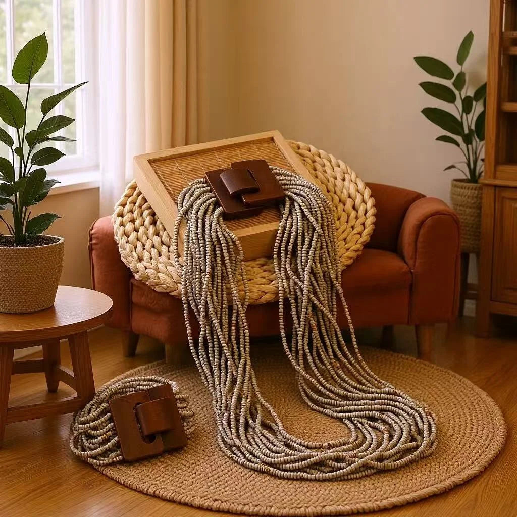 Fashion Exaggerated Multilayer Seed Bead Beaded Jewelry Boho Holiday Style square Wood Button Necklace Bracelet Holiday Gifts
